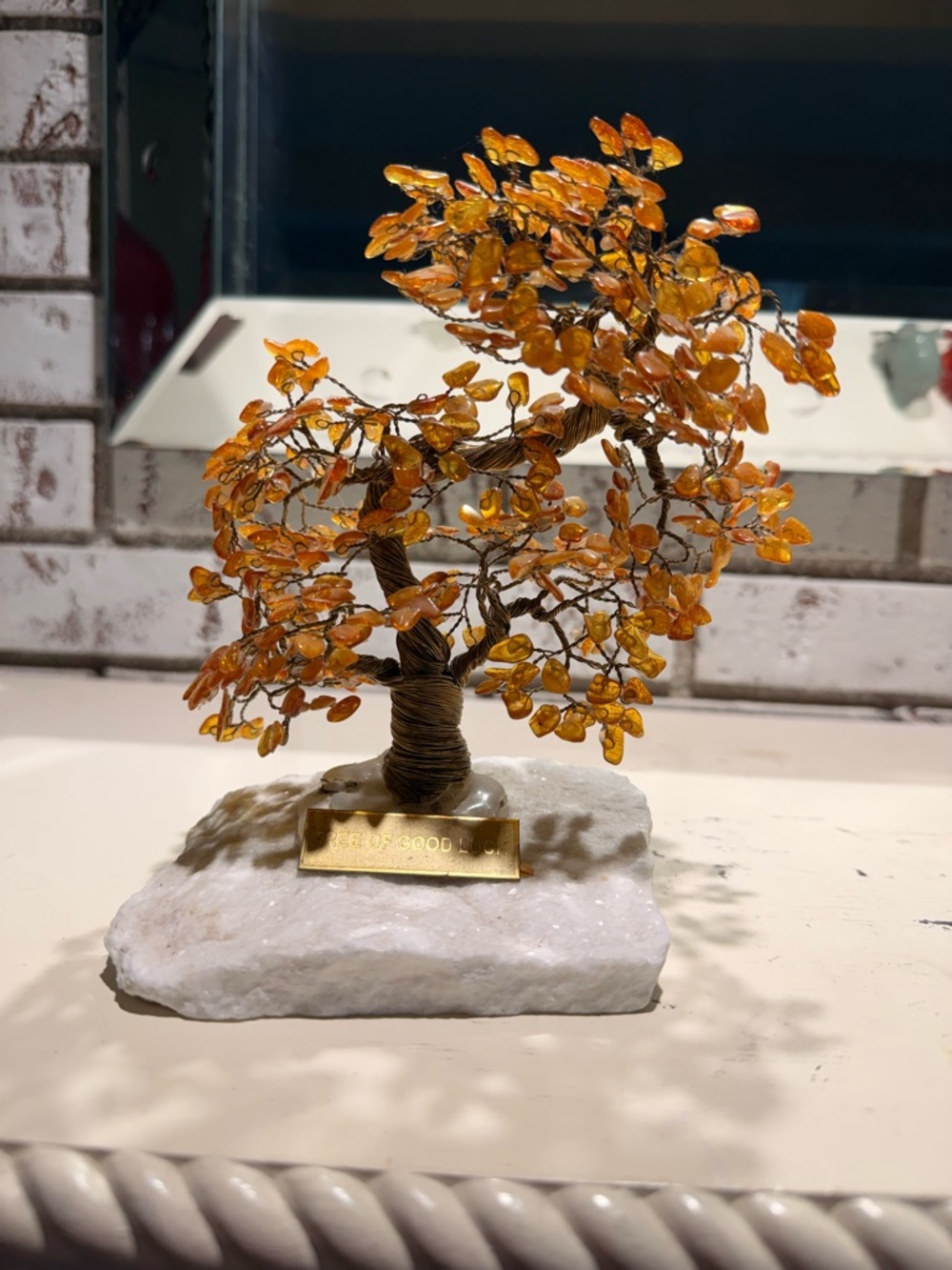 Amber Gemstone Tree Sculpture Carvings Stone Base Good Luck Feng Shui Figurine